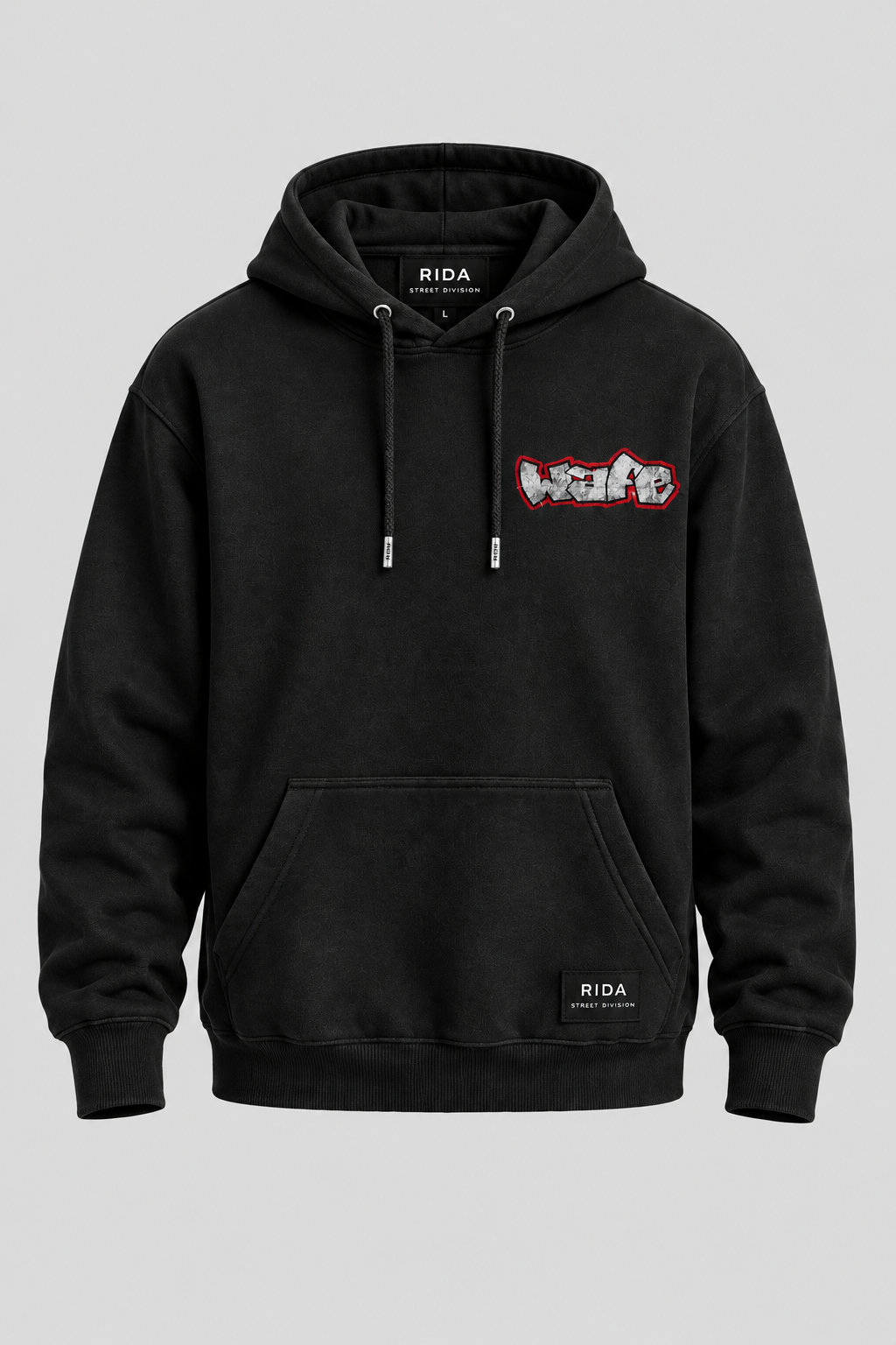 Front view of the black RIDA Street Graffiti Hoodie with silver and red chest artwork.