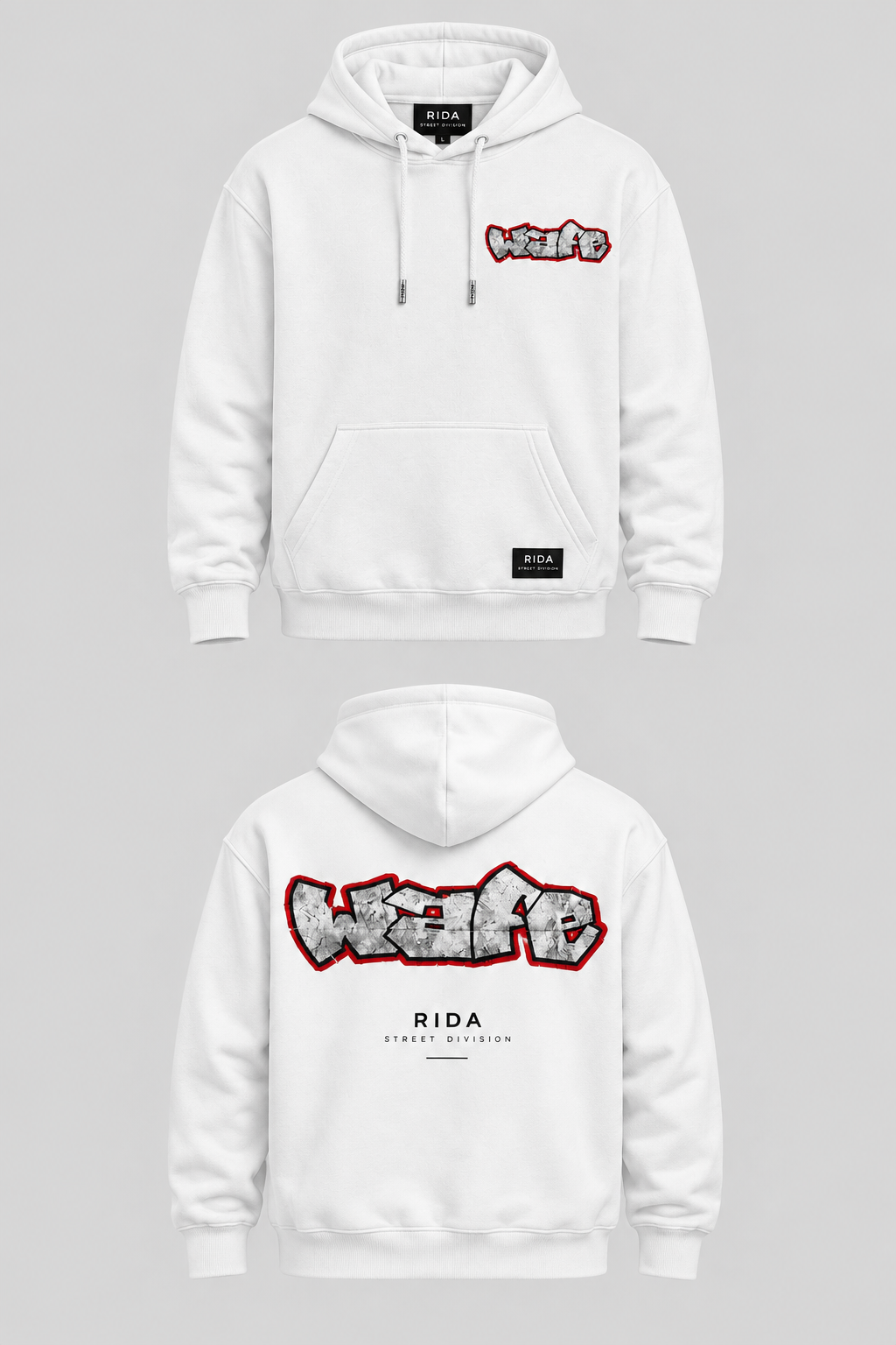Front view of the white RIDA Street Graffiti Hoodie.
