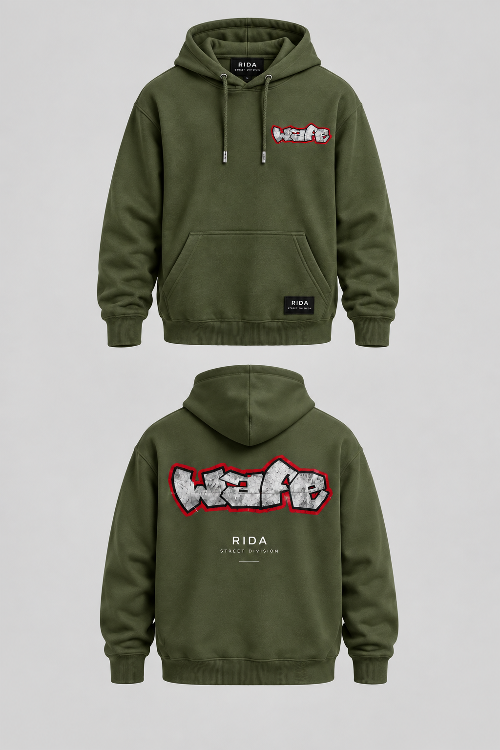 Front view of the moss green RIDA Street Graffiti Hoodie.