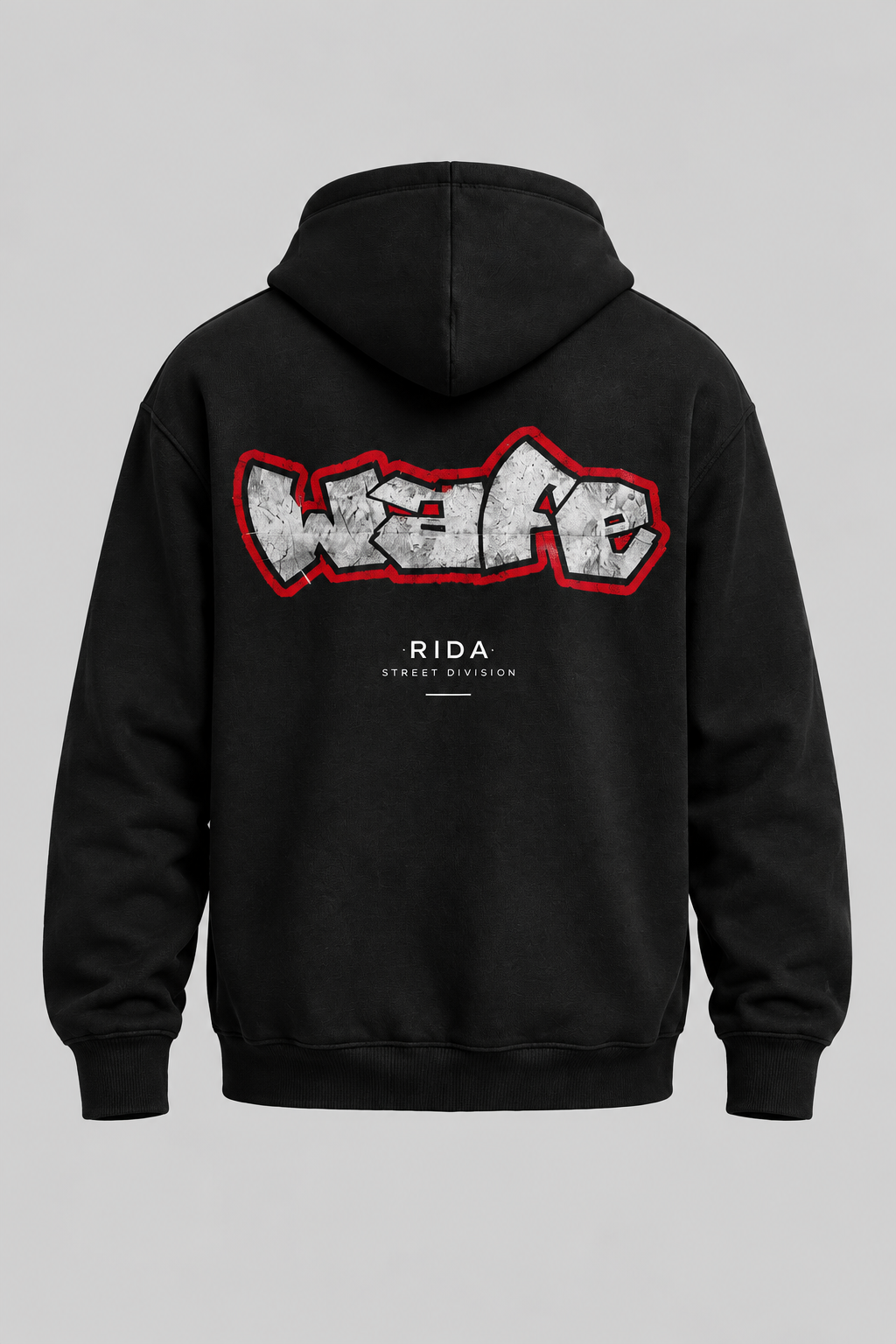 Back view of the black RIDA Street Graffiti Hoodie with silver artwork outlined in red.