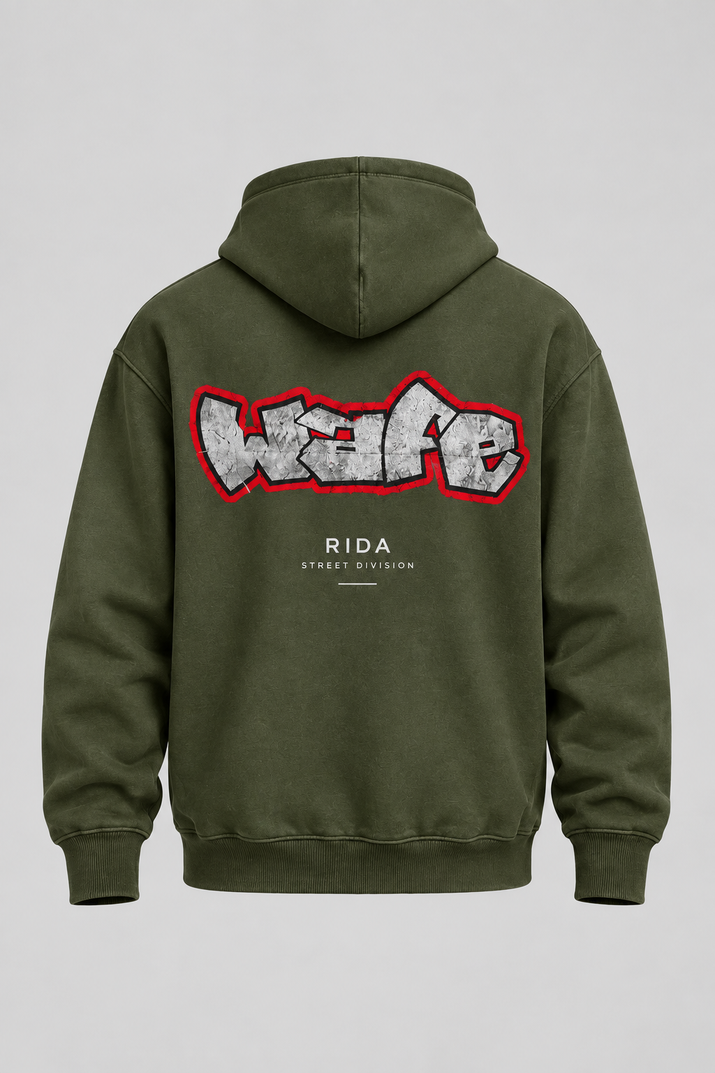 Back view of the moss green RIDA Street Graffiti Hoodie.