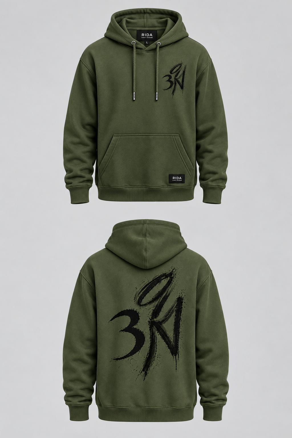 Military green RIDA Brushstroke Hoodie, front.