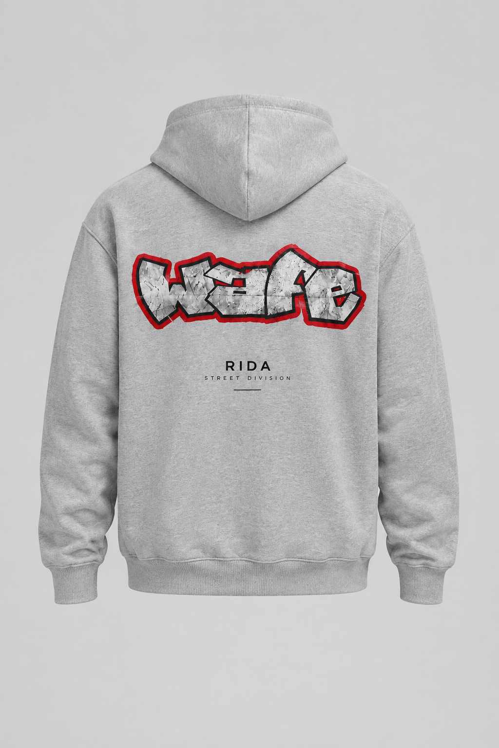 Back view of the gray RIDA Street Graffiti Hoodie.
