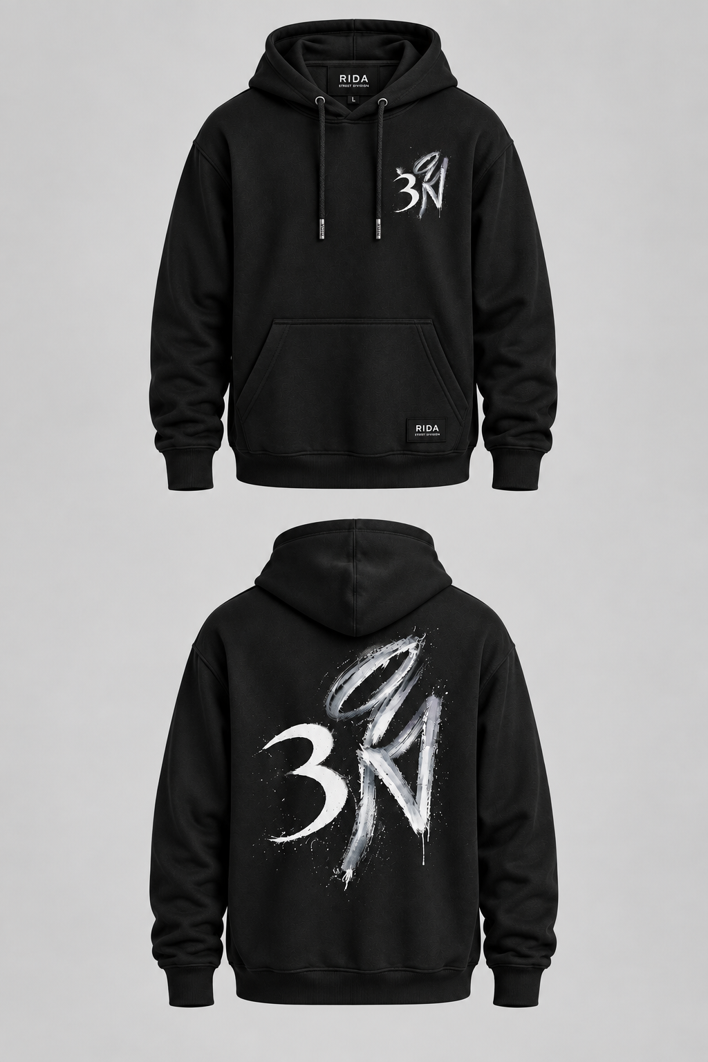 Black RIDA Brushstroke Hoodie, front.
