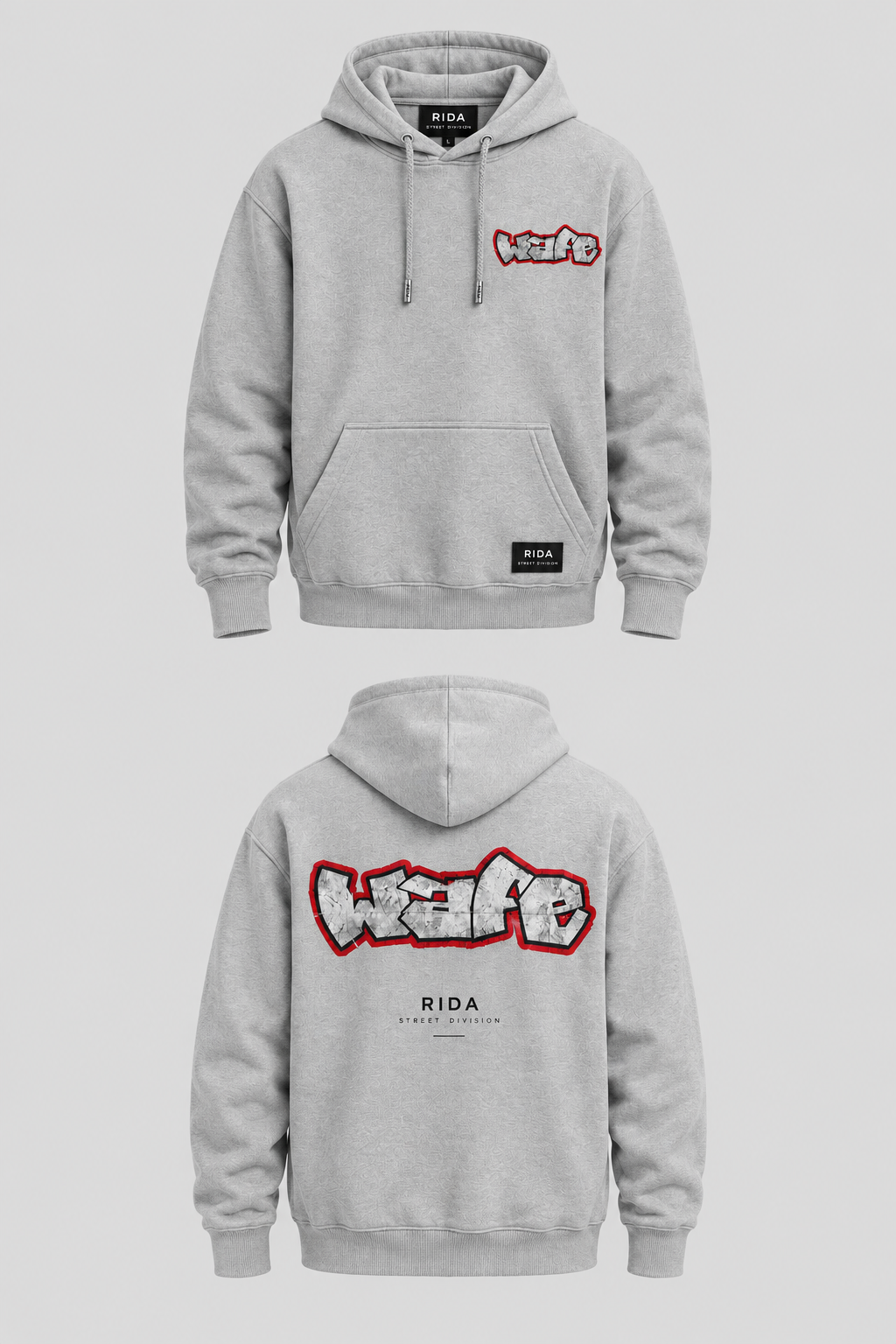Front view of the gray RIDA Street Graffiti Hoodie.