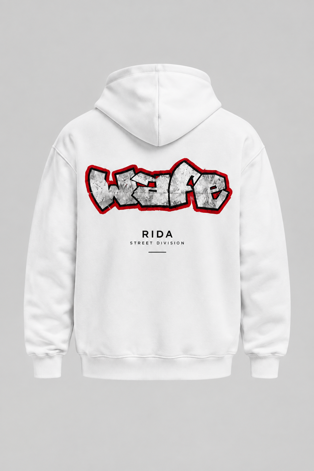 Back view of the white RIDA Street Graffiti Hoodie.