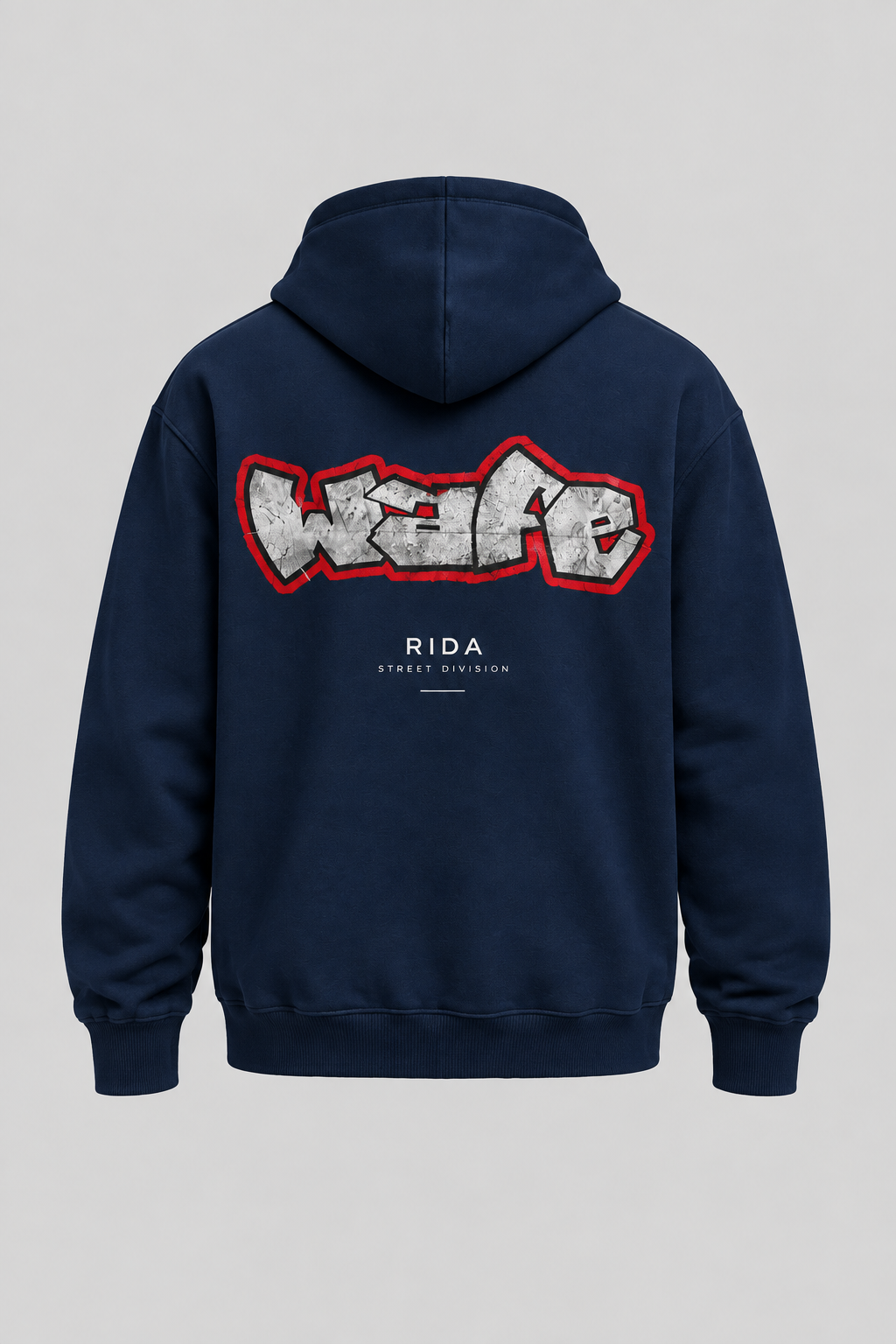 Back view of the navy blue RIDA Street Graffiti Hoodie.