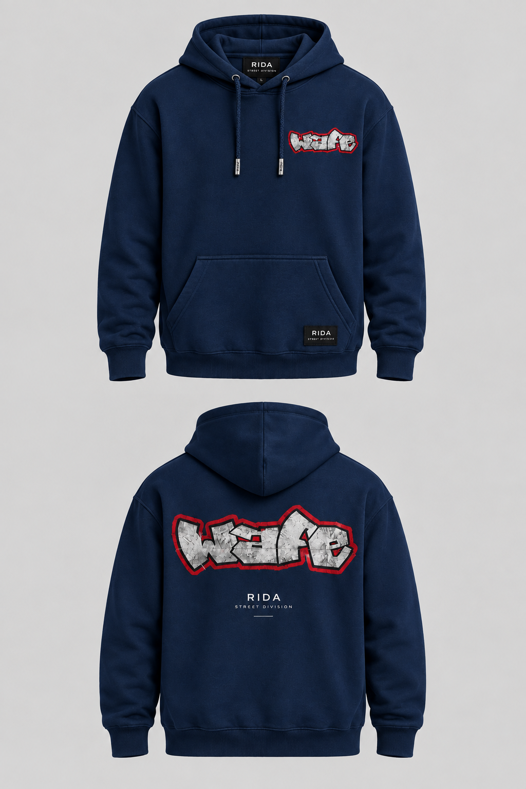 Front view of the navy blue RIDA Street Graffiti Hoodie.