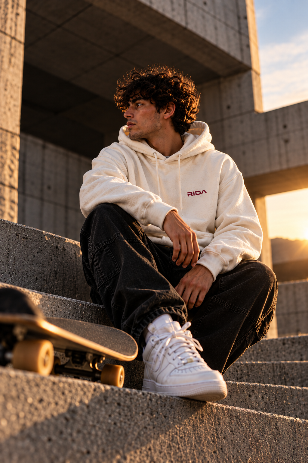 Front view of the cream RIDA Rooted in Culture hoodie on a model seated on concrete steps.