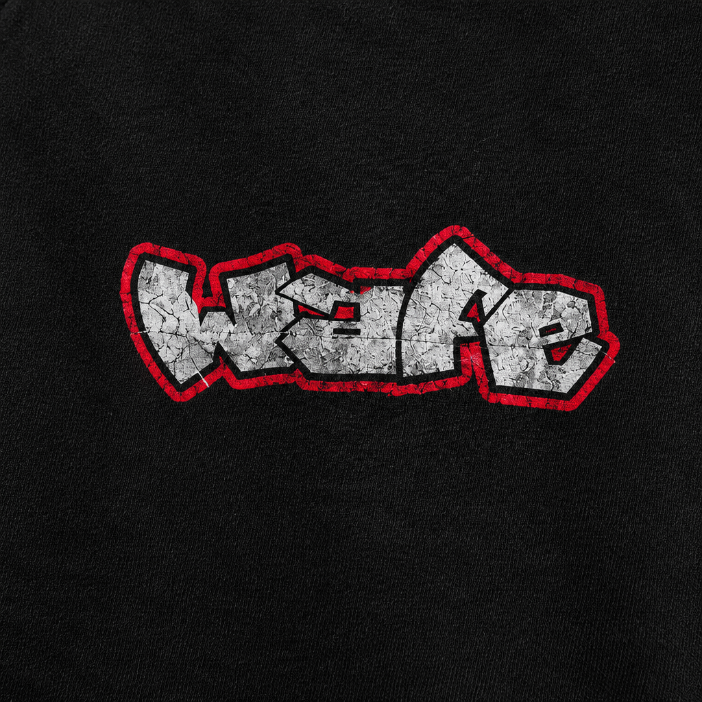 Close-up of the silver and red graffiti print on the black RIDA hoodie.