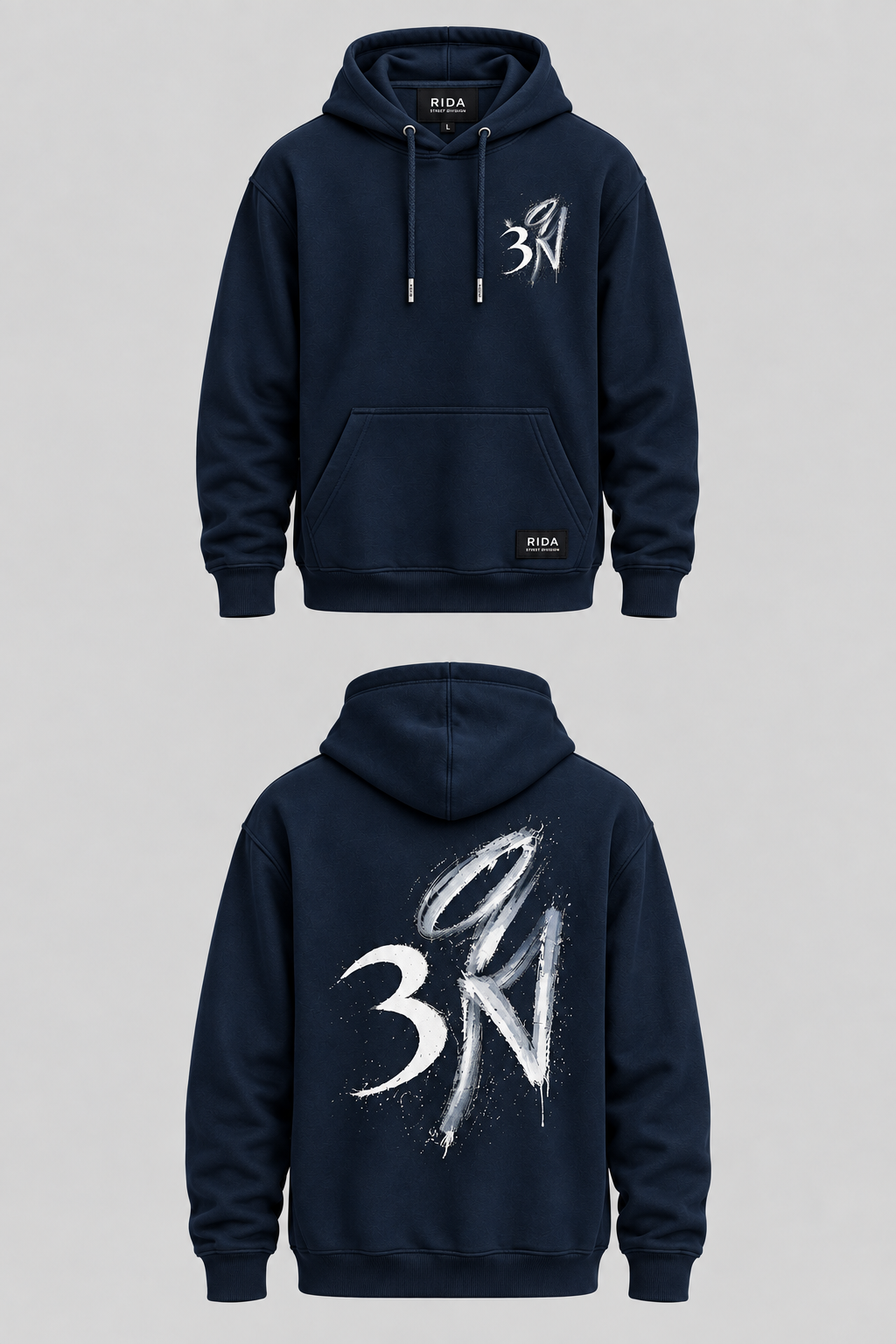 Navy RIDA Brushstroke Hoodie, front.
