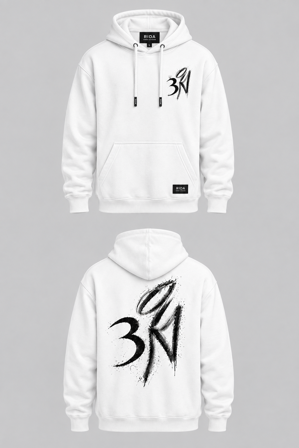White RIDA Brushstroke Hoodie, front.
